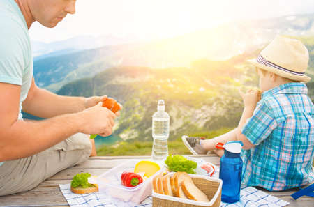 Family on a picnic in the mountainsの写真素材