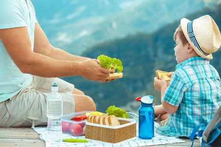 Family on a picnic in the mountainsの写真素材