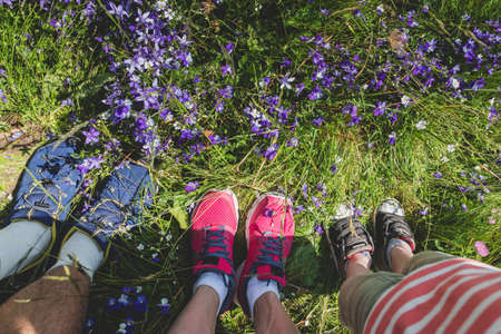 Legs of traveler familyの写真素材