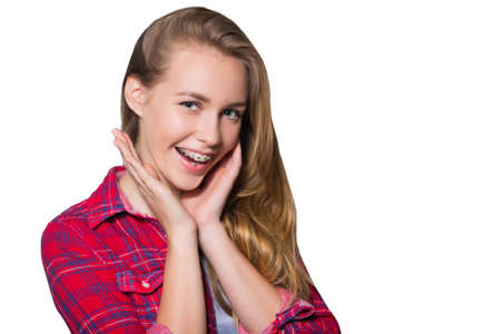 Portrait of teen girl showing dental braces.の写真素材