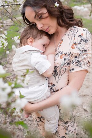 Beautiful young brunette in a colorful dress with her baby. Mother is breastfeeding her baby....
