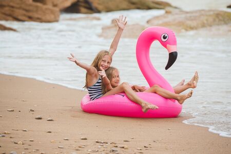 Girls are playing on the beach with an inflatable flamingo. the hit of the season. two sistersの写真素材