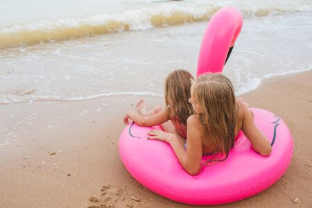 Girls are playing on the beach with an inflatable flamingo. the hit of the season. two sistersの写真素材