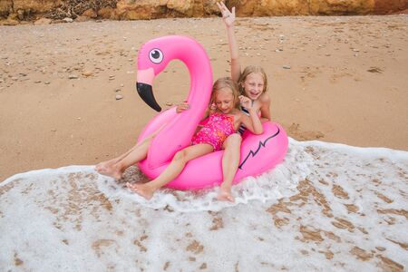 Girls are playing on the beach with an inflatable flamingo. the hit of the season. two sistersの写真素材