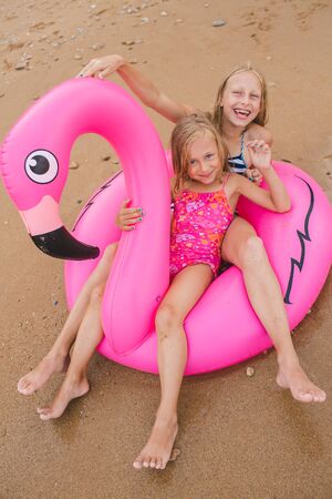 Girls are playing on the beach with an inflatable flamingo. the hit of the season. two sistersの写真素材