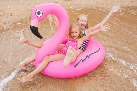 Girls are playing on the beach with an inflatable flamingo. the hit of the season. two sistersの写真素材