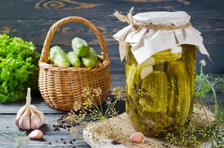 Fresh and pickled cucumbers, homemade preserved vegetables