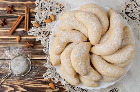 Christmas sugar cookies Crescent sprinkled with powdered sugar. Selective focusの写真素材