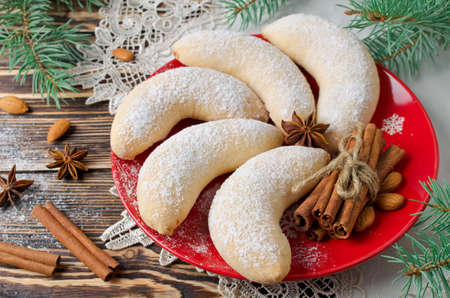 Christmas sugar cookies Crescent sprinkled with powdered sugar. Selective focusの写真素材