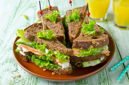 Club sandwich with salmon and cucumbers on dark rye breadの写真素材