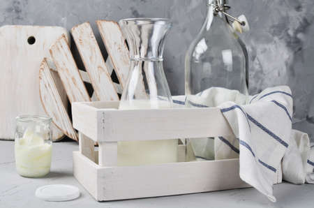 Jars and bottles in the boxes. Kitchenwareの写真素材