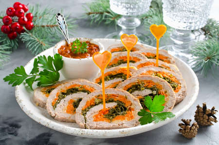Meatloaf with parsley, cheese and carrots. New year's appetizerの写真素材