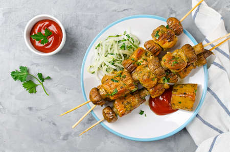 Chicken kebab with mushrooms. Barbecue lunchの写真素材