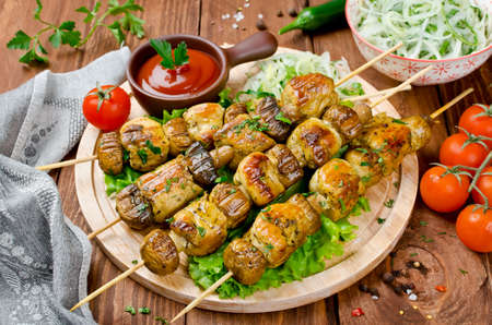 Chicken kebab with mushrooms. Barbecue lunchの写真素材