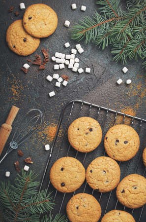 Background with homemade Chocolate Chip Cookies and marshmallows. Christmas food frame.の写真素材