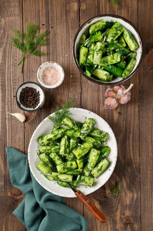 Salad of pickles with garlic and dill. Vegetarian cuisineの写真素材