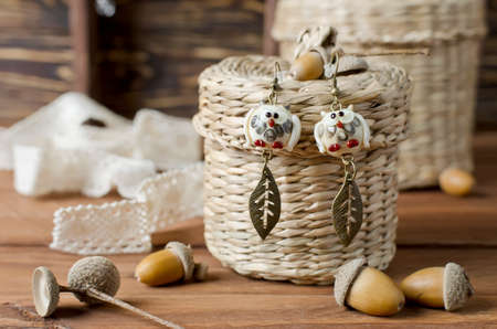 Handmade earrings. Glass owl figures are made by hand. Home workshopの写真素材