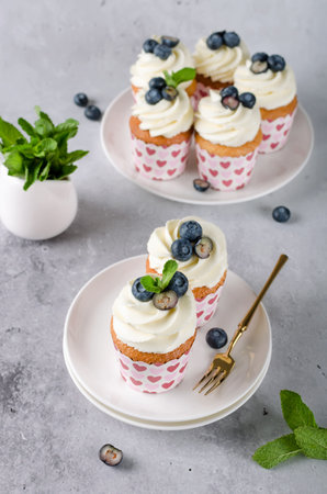 Vanilla cupcakes with blueberries and cream cheese frosting. Homemade cakesの写真素材