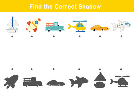 Shadow matching game for kids. Educational game for children. Find the right shadow of vehicle.の写真素材