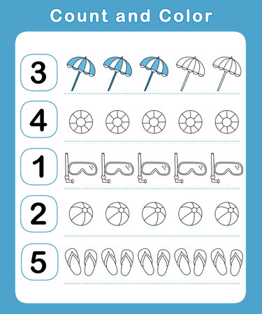 Count and color educational children activity with cute illustration. Mathematics worksheet for kids. Math activities for toddlers to practice early math concepts.の写真素材