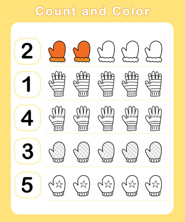 Count and color educational children activity with cute gloves. Mathematics worksheet for kids. Math activities for toddlers to practice early math concepts.の写真素材