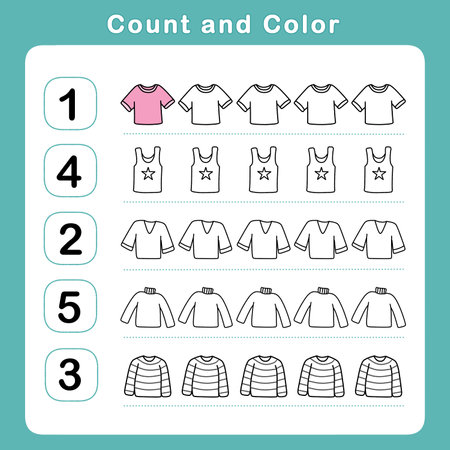 Count and color educational children activity with cute shirts. Mathematics worksheet for kids. Math activities for toddlers to practice early math concepts.の写真素材