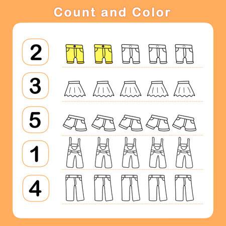 Count and color educational children activity with cute pants. Mathematics worksheet for kids. Math activities for toddlers to practice early math concepts.の写真素材