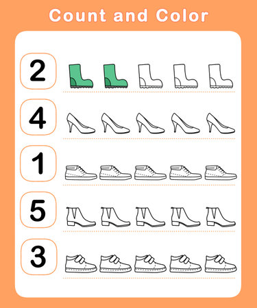 Count and color educational children activity with cute shoes. Mathematics worksheet for kids. Math activities for toddlers to practice early math concepts.の写真素材