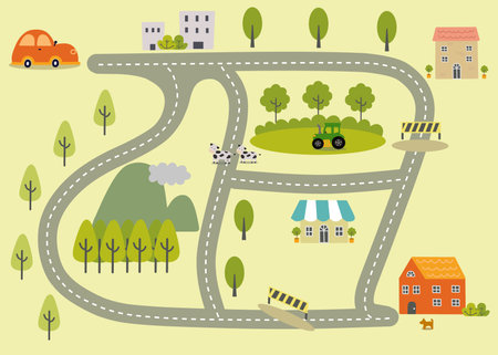 Maze puzzle game for children with cute car, houses and trees. Kids labyrinth puzzle. Maze activity sheet for children.の写真素材