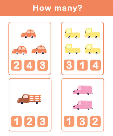 Counting game for children. Count how many cars. Counting educational children game. Math kids activity sheet. How many counting game with cute car illustration.の写真素材