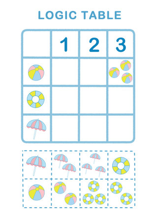 Logic puzzle game for children. Logic table worksheet for kids. Cut and match worksheet for Preschool Children.の写真素材