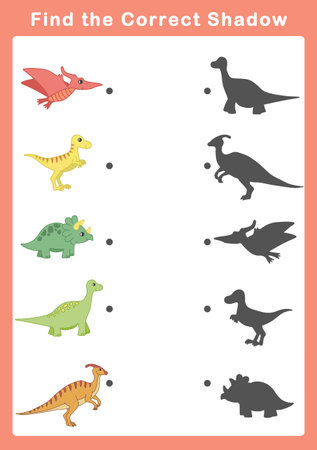 Find the correct shadow, education game for children. Cute dinosaurs.の写真素材