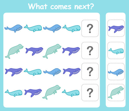 What comes next game with cartoon whales. Educational logic game for kids. Worksheet for children.の写真素材