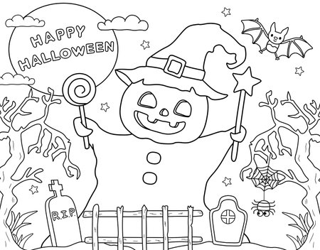 Halloween black and white coloring page for kids. Illustration for halloween with a cute pumpkin.の写真素材