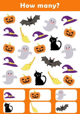 Counting Game for Preschool Children. Educational a mathematical game with cute illustration of halloween. Count how many objects and write the result.の写真素材