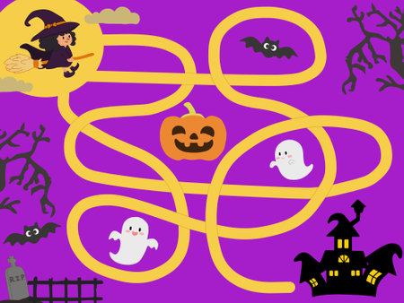 Cute maze for kids. Kids labyrinth puzzle with cute halloween illustration. Maze puzzle game for children with cute cartoon.の写真素材