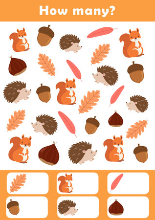How many counting game with cartoon hedgehog and acorn. Counting game for children. I spy game for toddlers. Counting educational activity for children and kids.の写真素材