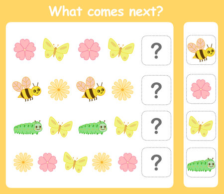 Worksheet for children. What comes next? Educational logic game for kids with cute illustration.の写真素材