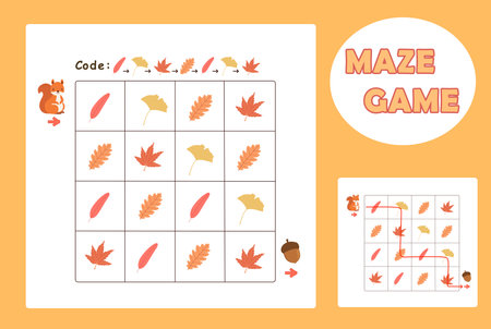 Maze Game. Logic Labyrinth with Code Navigation. Kids Activity Sheet with Cute Illustration.の写真素材