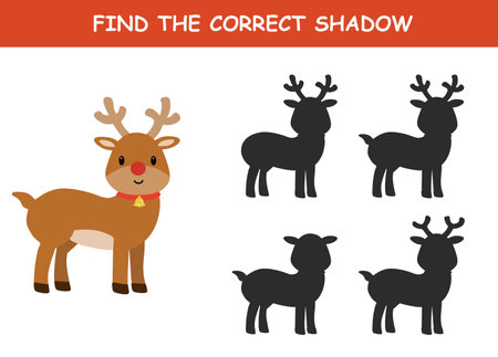 Find the correct shadow of the cute reindeer illustration. Educational logic game for children. Printable worksheet.の写真素材