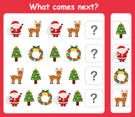 What comes next? Educational logic game for kids with cute christmas illustration. Worksheet for children.の写真素材