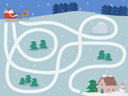 Maze puzzle game for children with cute christmas illustration. Kids labyrinth puzzle. Maze activity sheet for children.の写真素材