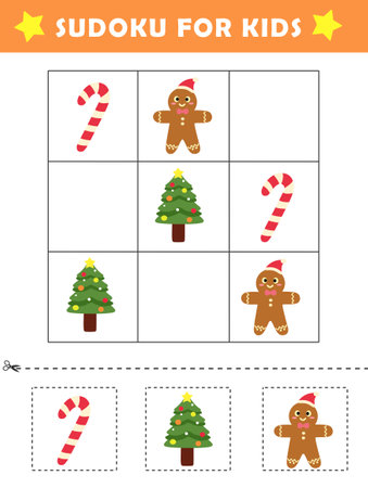 Fun christmas sudoku puzzle. Christmas sudoku logical reasoning activity for kids. Children educational activity worksheet.の写真素材