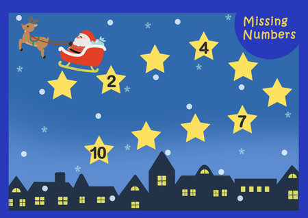 Missing numbers worksheet for children with cute christmas illustration. Fill in the Missing Number 1 to 10. Counting Game for Preschool Children. Math Activities for Kids.の写真素材