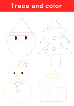 Trace and color for children. Handwriting practice. Coloring page for kids. Christmas activity sheet.の写真素材