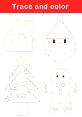 Trace and color for children. Handwriting practice. Coloring page for kids. Christmas activity sheet.の写真素材