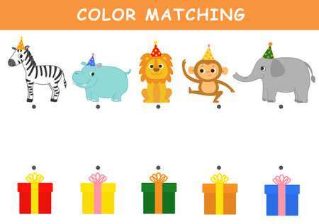 Color matching game for preschool kids. Color Matching Activities for Toddlers. Fun puzzle with cute animals illustration. Color matching worksheet for children.の写真素材