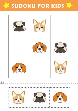 Sudoku logical reasoning activity for kids. Fun sudoku puzzle with cute dogs illustration. Children educational activity worksheet.の写真素材