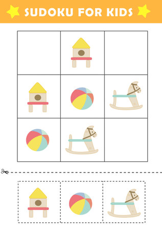 Sudoku logical reasoning activity for kids. Fun sudoku puzzle with cute illustration. Children educational activity worksheet.の写真素材