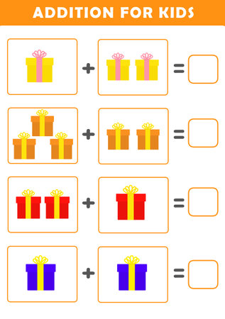 Preschool addition worksheet with cute present illustration. Math Activities for Kids. Math activities for toddlers to practice early math concepts.の写真素材
